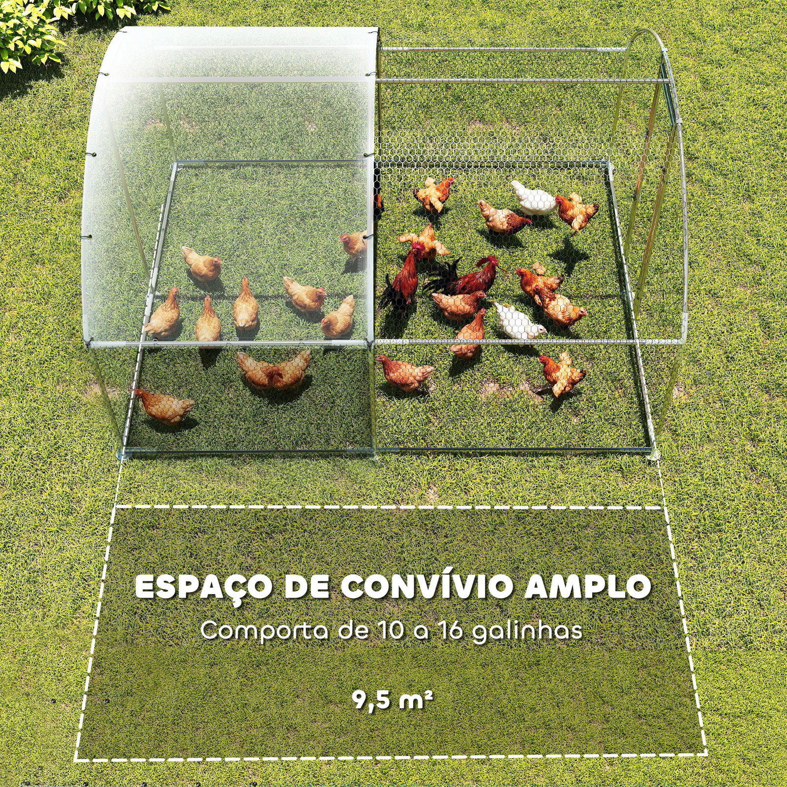 Galinheiro exterior 2,8x3,4x1,9 m cobertura de tecido oxford anti-UV impermeável fechos para 10-16 galinhas prata