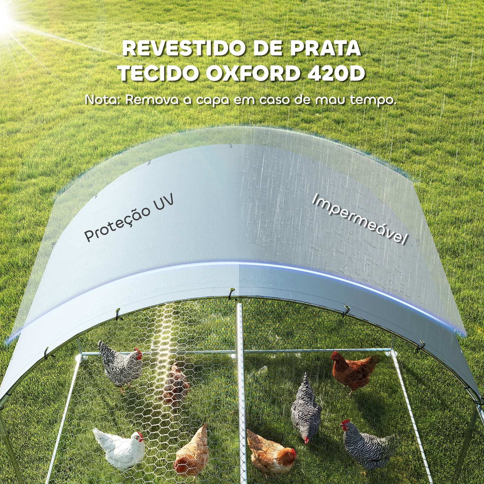Galinheiro exterior 2,8x3,4x1,9 m cobertura de tecido oxford anti-UV impermeável fechos para 10-16 galinhas prata