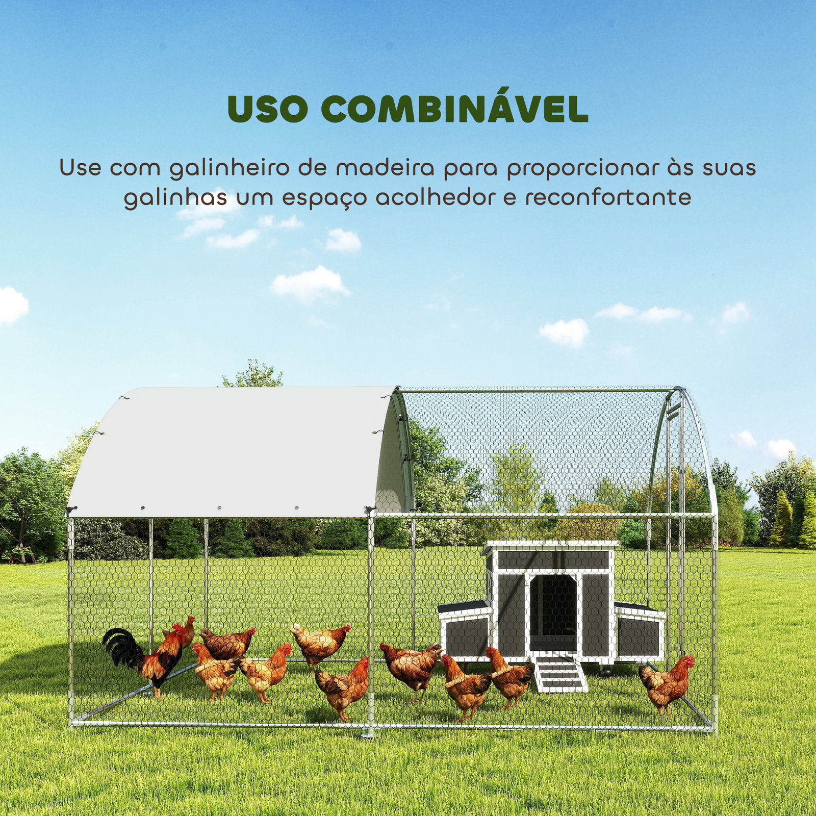 Galinheiro exterior 2,8x3,4x1,9 m cobertura de tecido oxford anti-UV impermeável fechos para 10-16 galinhas prata
