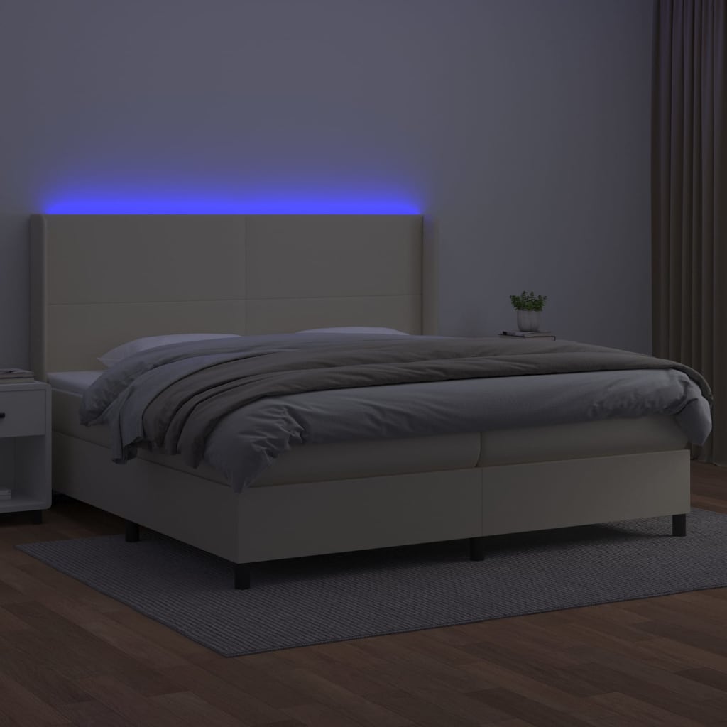 Cama box spring c/ colchão/LED 200x200cm couro artificial creme