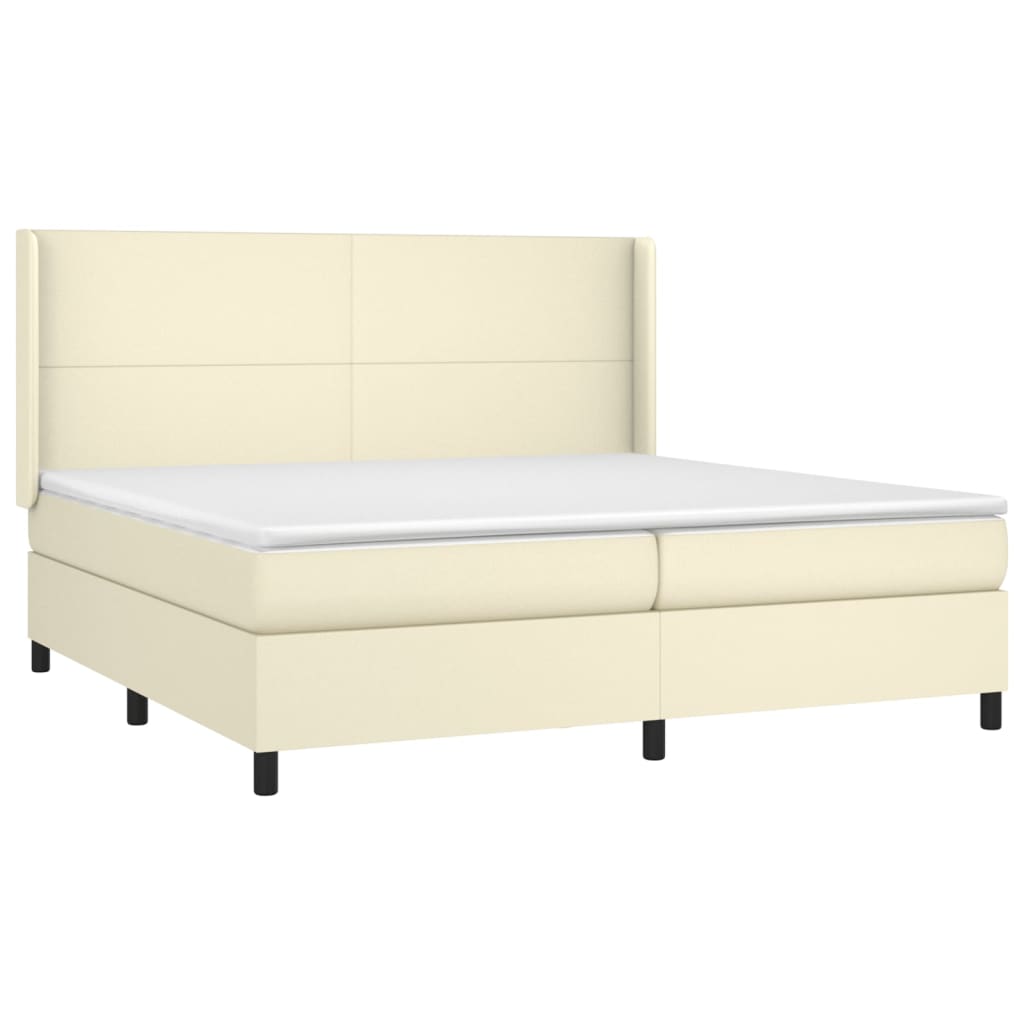 Cama box spring c/ colchão/LED 200x200cm couro artificial creme