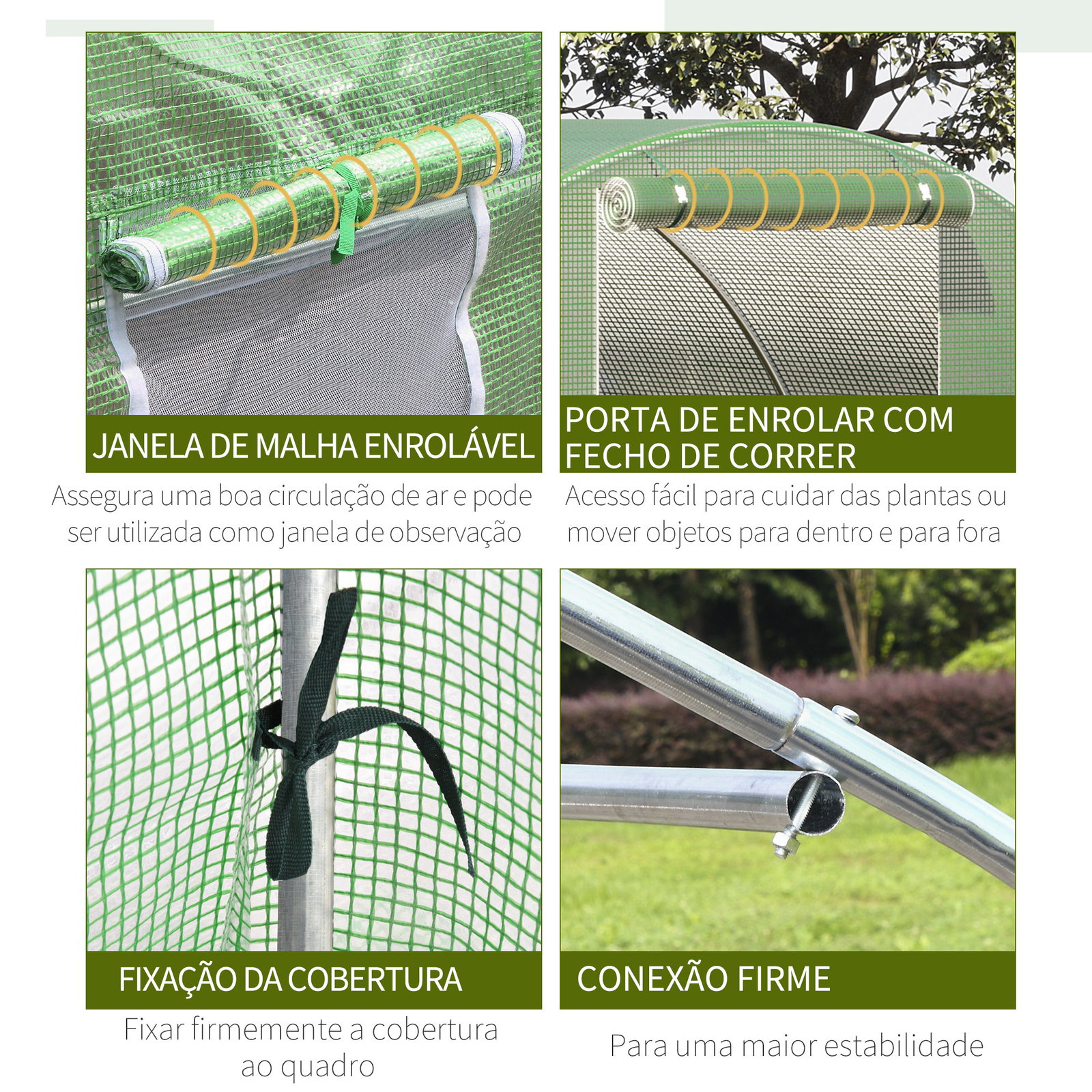 Estufa Tipo Túnel 4,5x3x2 m com Paredes Laterais Enroláveis 6 Janelas de Malha e Porta Enrolável com Fecho de Correr Verde