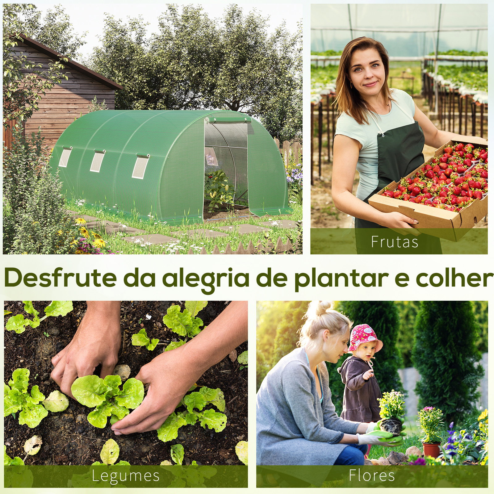 Estufa Tipo Túnel 4,5x3x2 m com Paredes Laterais Enroláveis 6 Janelas de Malha e Porta Enrolável com Fecho de Correr Verde