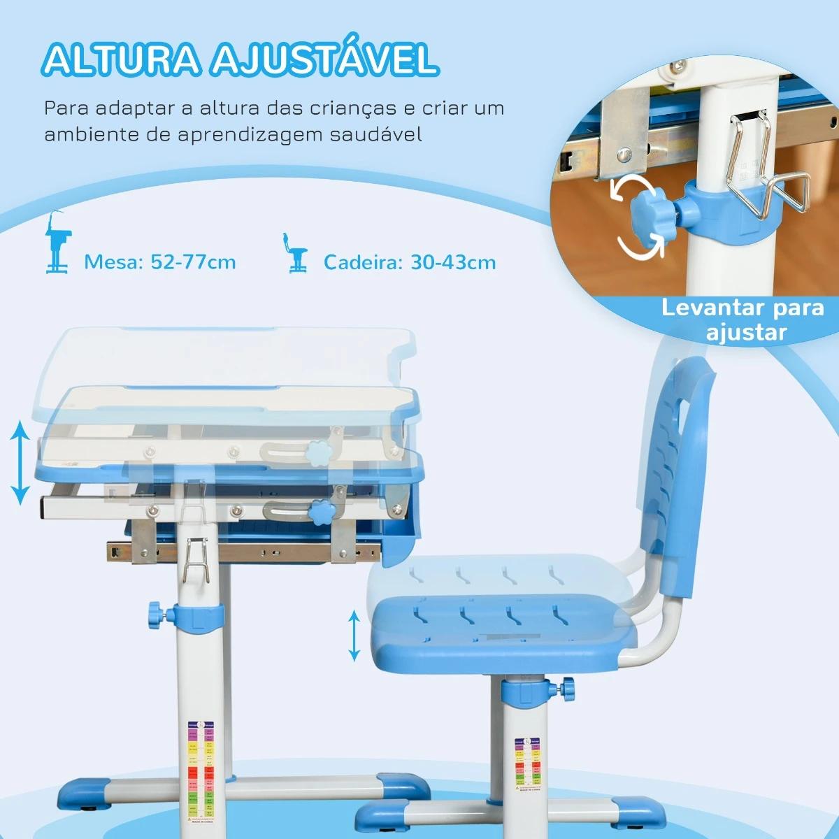 Secretária Infantil 2 em 1 Conjunto de Secretária e Cadeira para Crianças acima de 6 Anos com Altura Ajustável Mesa com Ângulos
