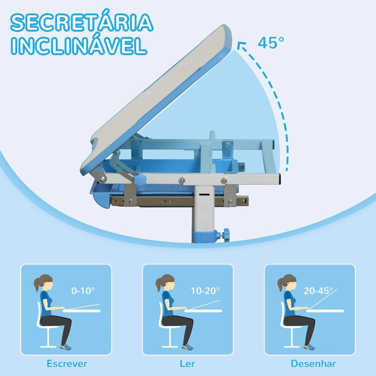 Secretária Infantil 2 em 1 Conjunto de Secretária e Cadeira para Crianças acima de 6 Anos com Altura Ajustável Mesa com Ângulos