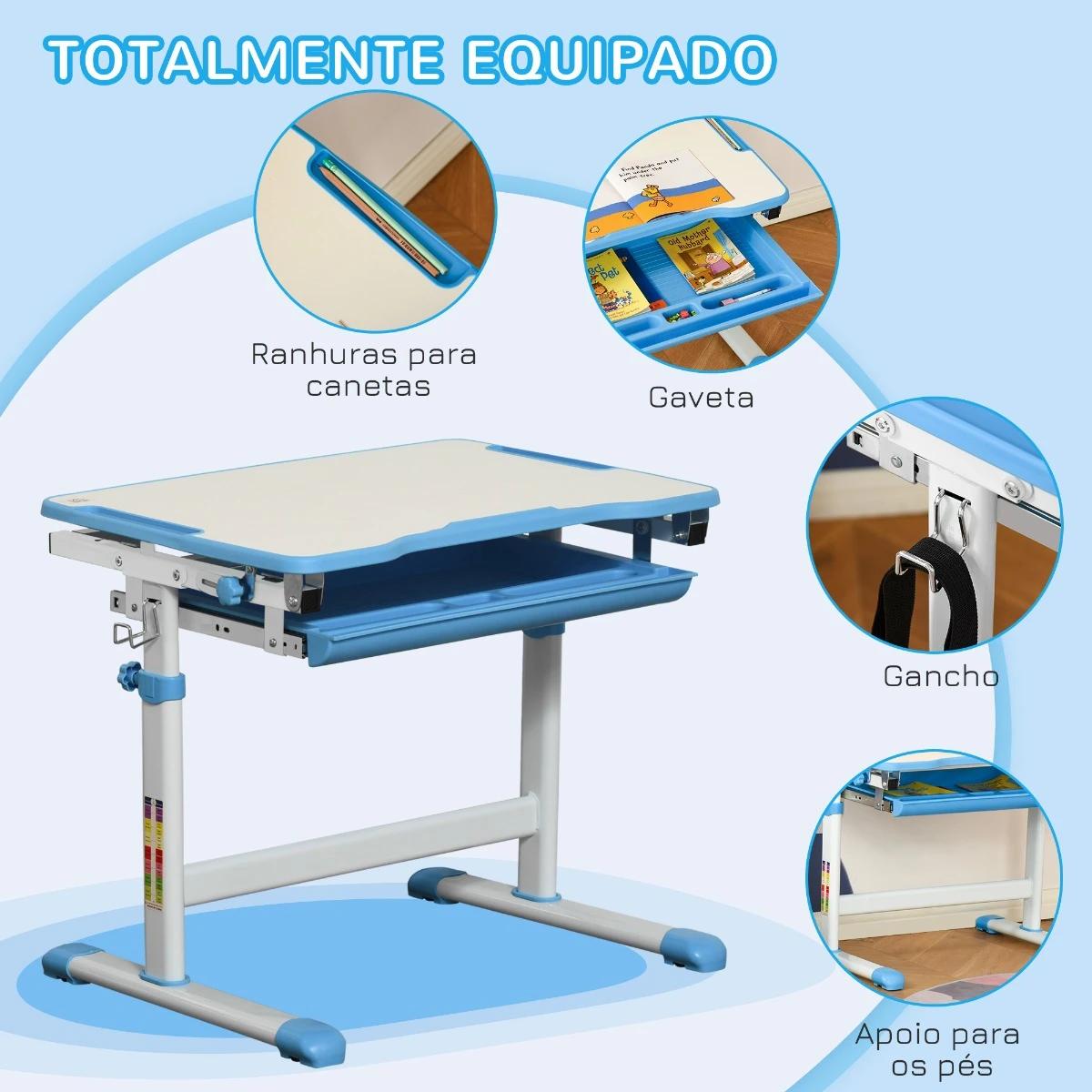 Secretária Infantil 2 em 1 Conjunto de Secretária e Cadeira para Crianças acima de 6 Anos com Altura Ajustável Mesa com Ângulos