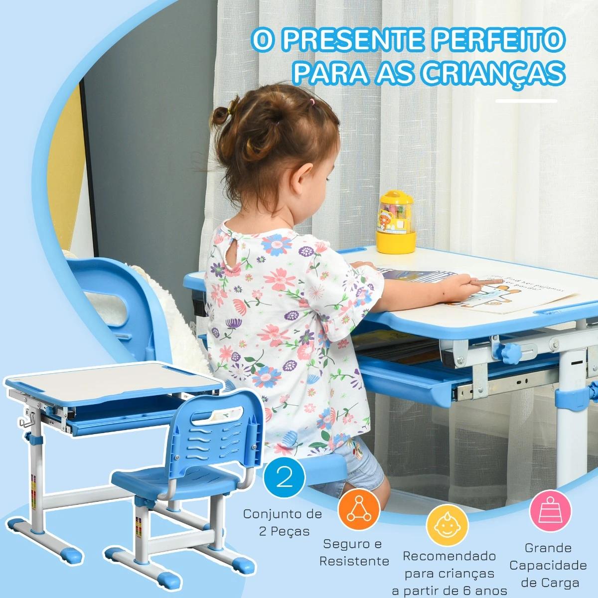 Secretária Infantil 2 em 1 Conjunto de Secretária e Cadeira para Crianças acima de 6 Anos com Altura Ajustável Mesa com Ângulos