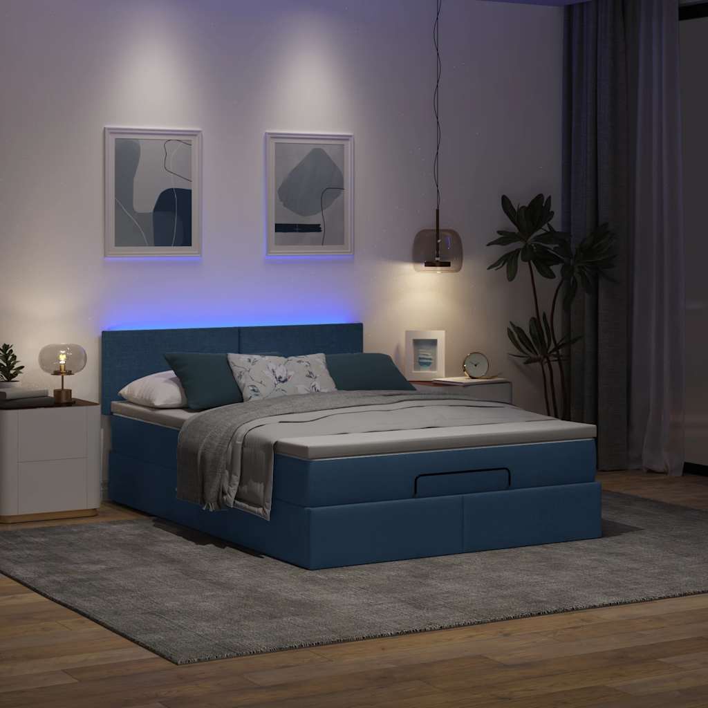 Cama otomana com colchão & leds azul 140x190cm tecido