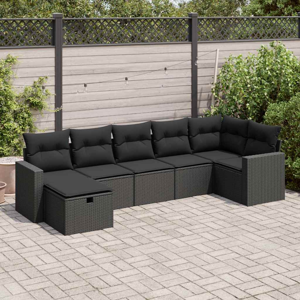 7 Pcs conjunto de sofás p/ jardim c/ almofadões vime PE preto