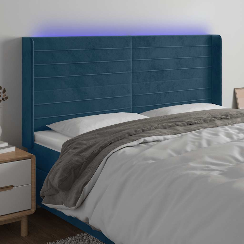 Cabeceira cama c/ luzes LED veludo 203x16x118/128cm azul-escuro