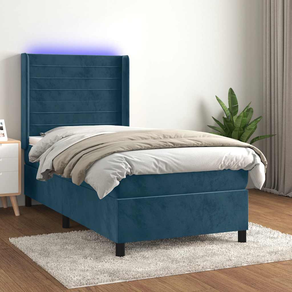 Cama box spring c/ colchão/LED 100x200 cm veludo azul-escuro