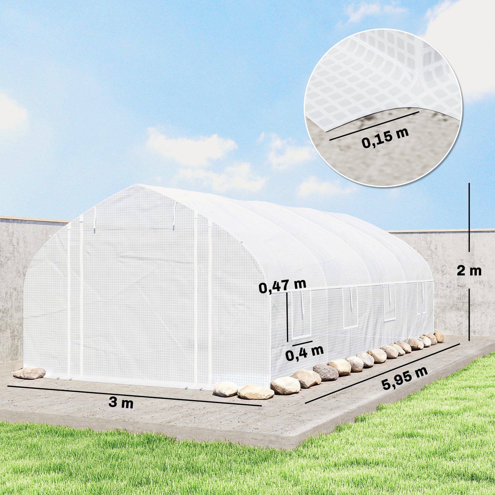 Estufa tipo túnel 6x3x2 m com anti-UV e porta de enrolar com fecho de correr paredes laterais com rede branco
