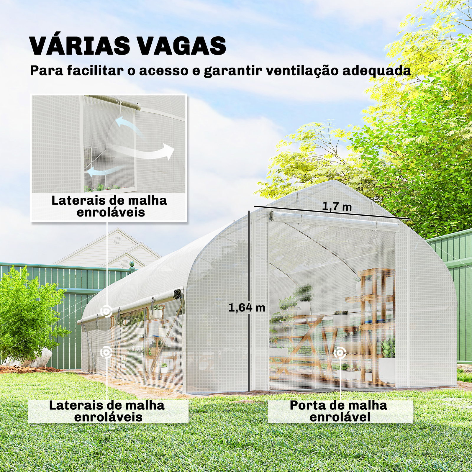 Estufa tipo túnel 6x3x2 m com anti-UV e porta de enrolar com fecho de correr paredes laterais com rede branco
