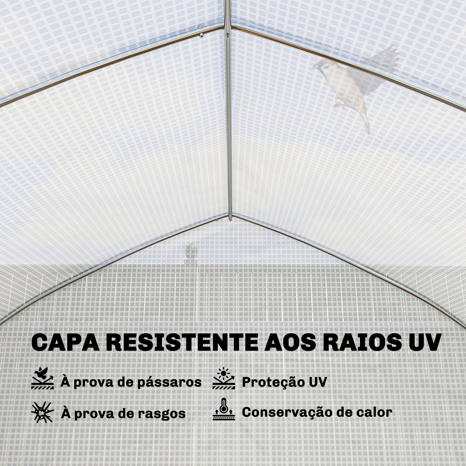 Estufa tipo túnel 6x3x2 m com anti-UV e porta de enrolar com fecho de correr paredes laterais com rede branco