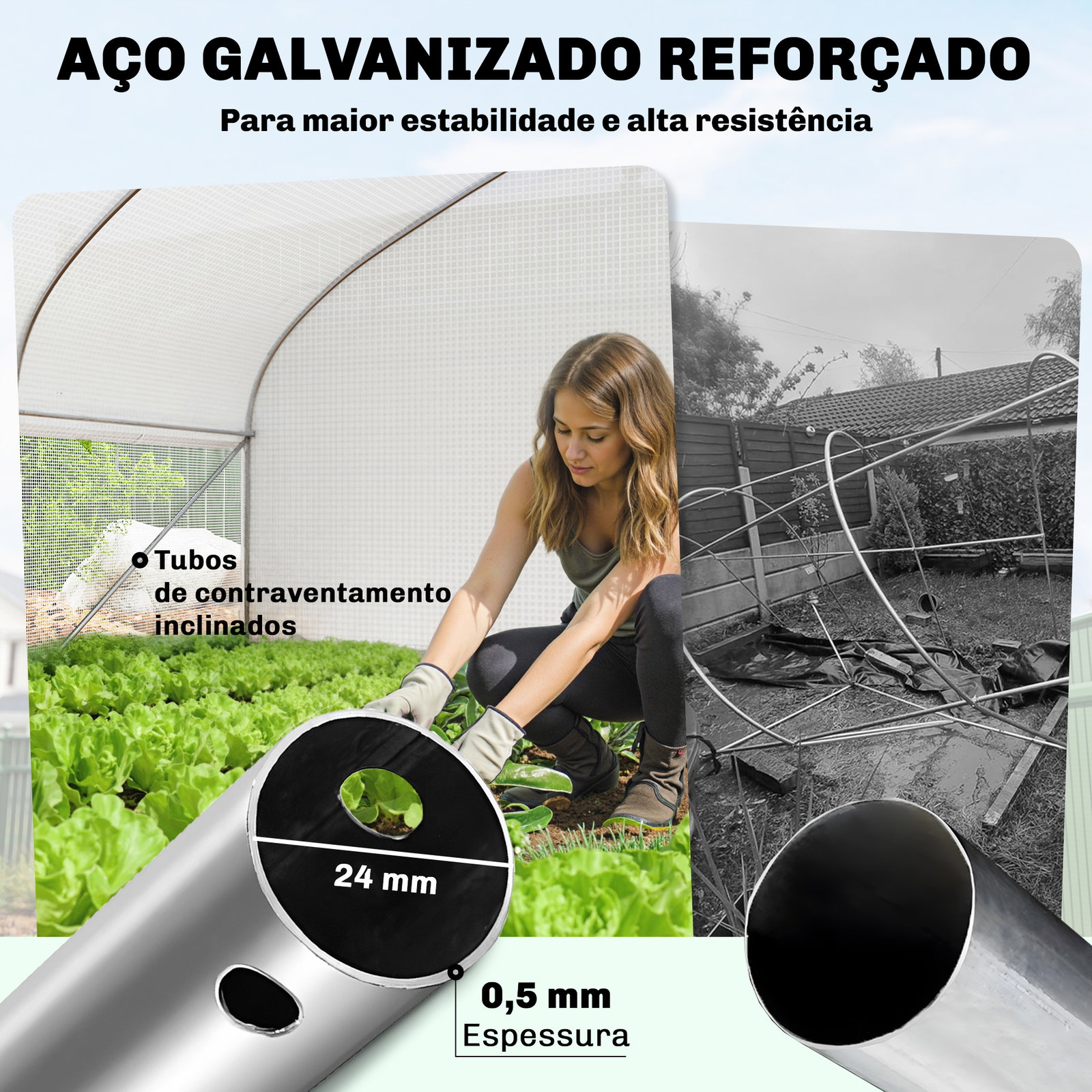Estufa tipo túnel 6x3x2 m com anti-UV e porta de enrolar com fecho de correr paredes laterais com rede branco