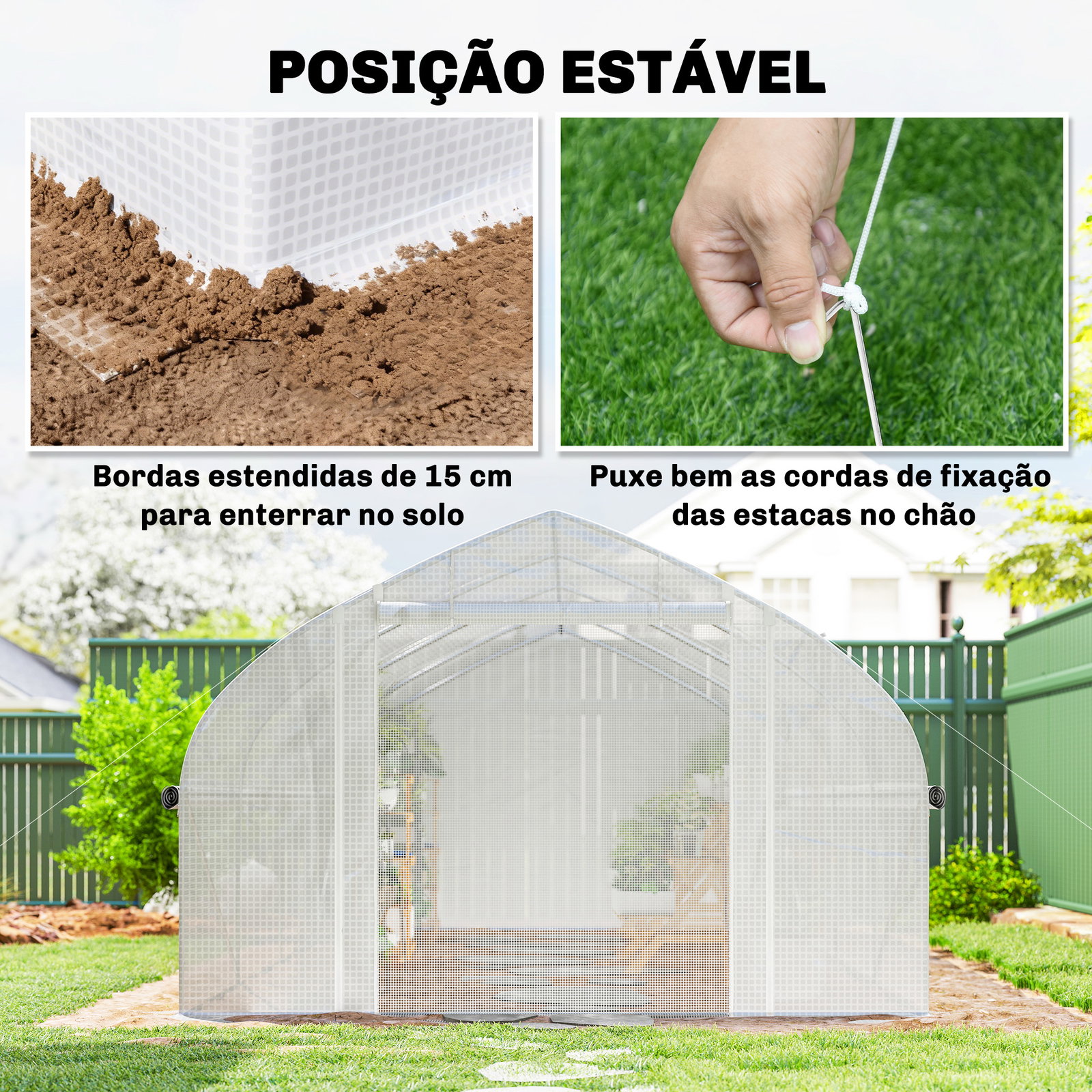 Estufa tipo túnel 6x3x2 m com anti-UV e porta de enrolar com fecho de correr paredes laterais com rede branco