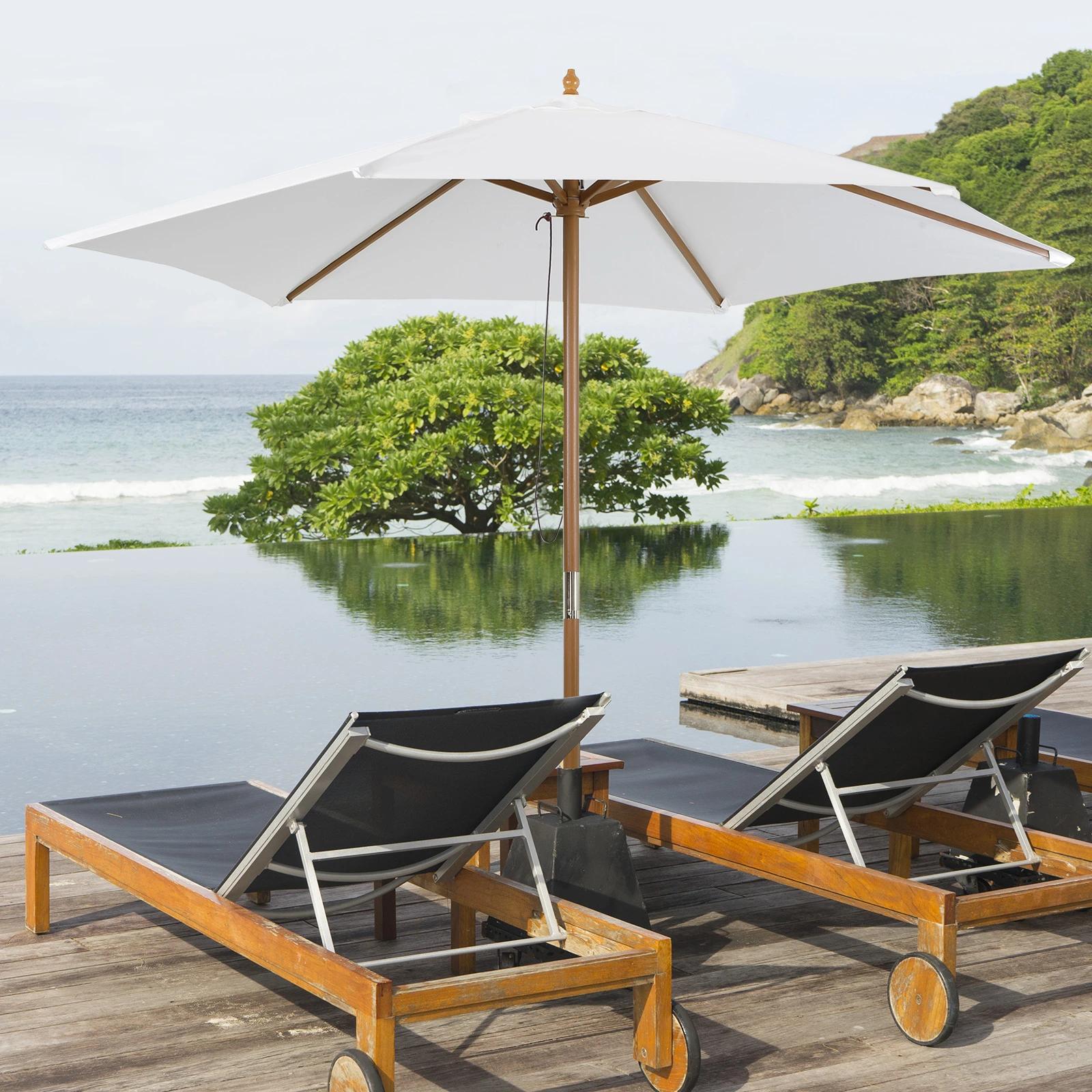 Chapéu de sol ø250x230cm chapéu de sol com mastro de madeira com 6 hastes sistema de polia com fixação para jardim pátio terraço branco marfim