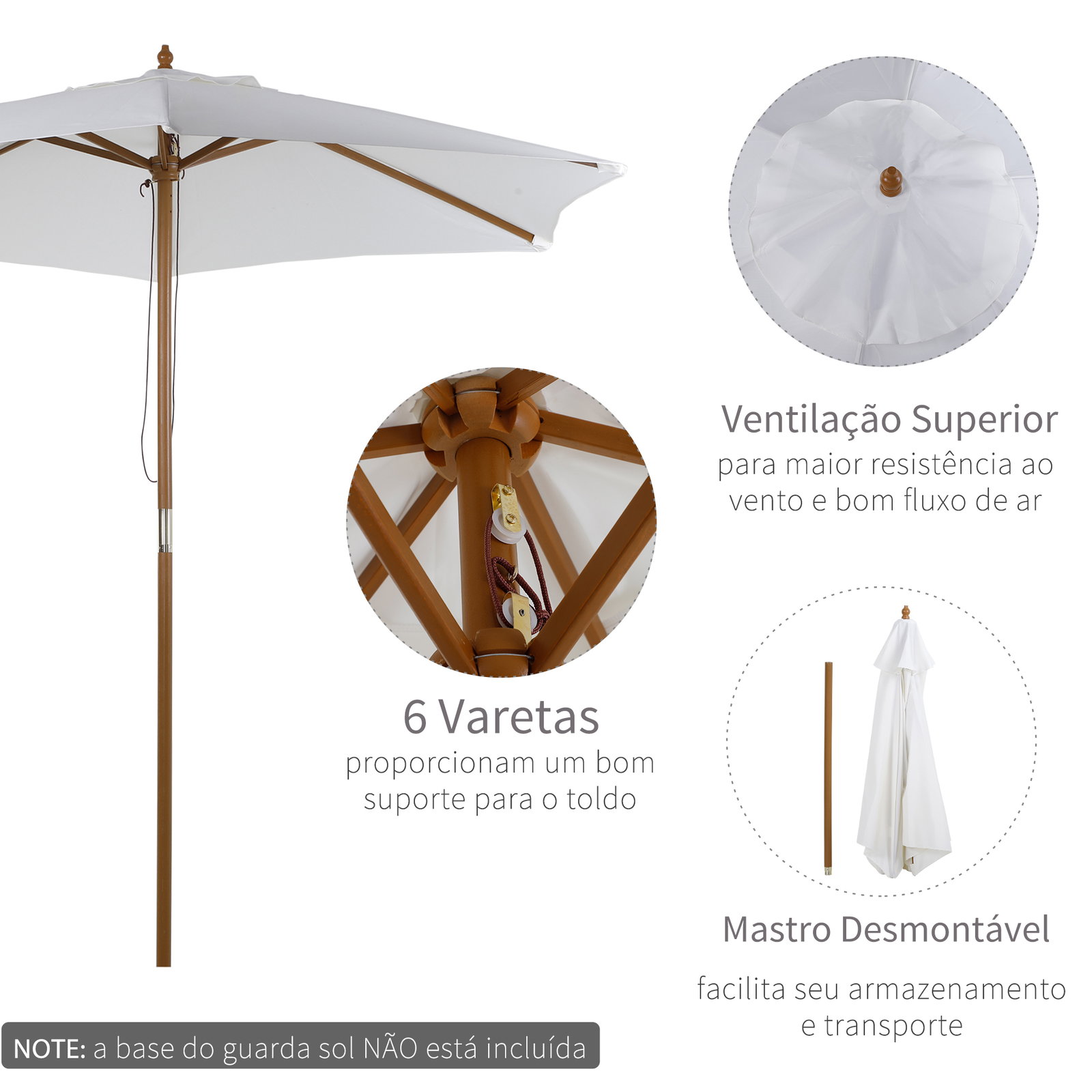 Chapéu de sol ø250x230cm chapéu de sol com mastro de madeira com 6 hastes sistema de polia com fixação para jardim pátio terraço branco marfim