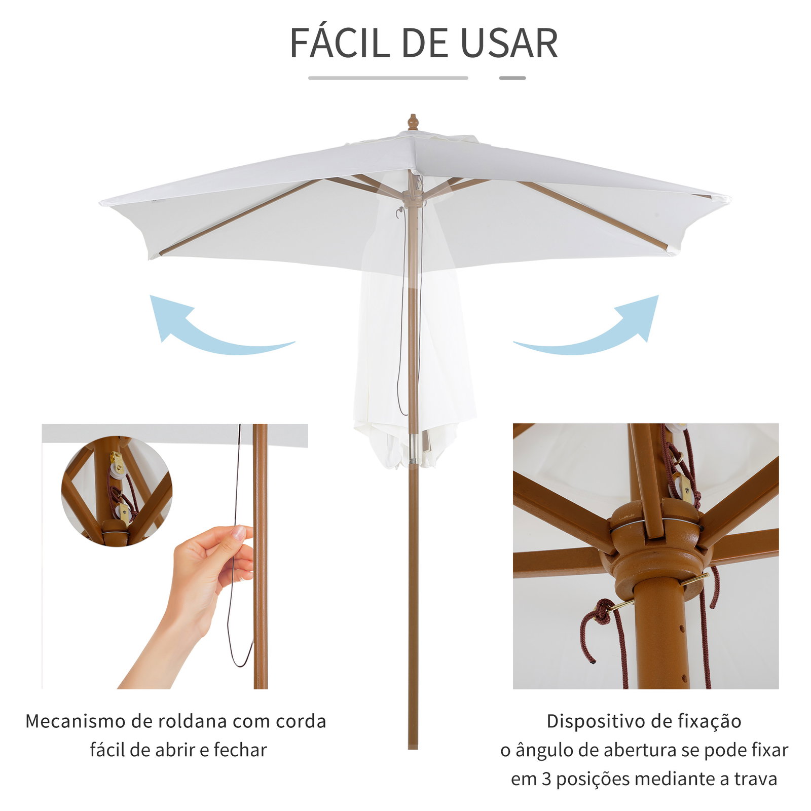 Chapéu de sol ø250x230cm chapéu de sol com mastro de madeira com 6 hastes sistema de polia com fixação para jardim pátio terraço branco marfim