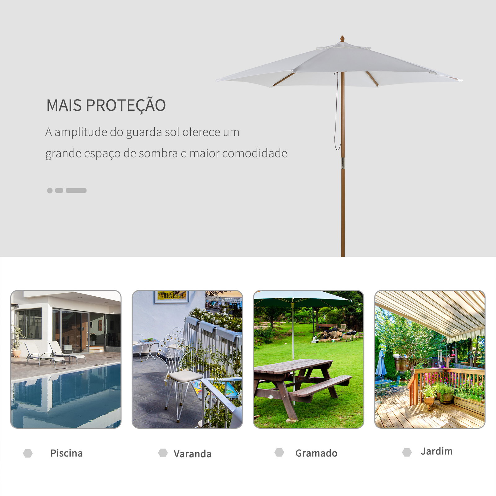 Chapéu de sol ø250x230cm chapéu de sol com mastro de madeira com 6 hastes sistema de polia com fixação para jardim pátio terraço branco marfim