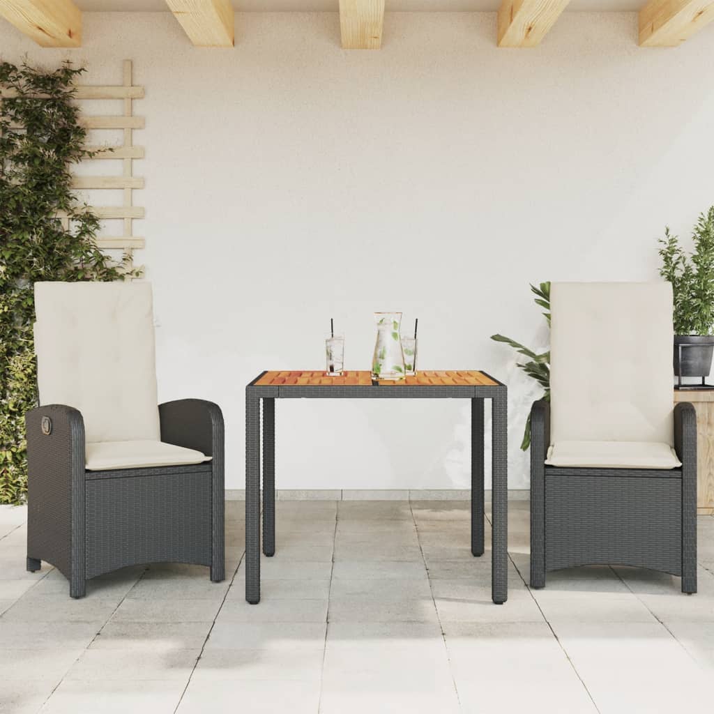 3 Pcs conjunto de jantar p/ jardim c/ almofadões vime PE preto