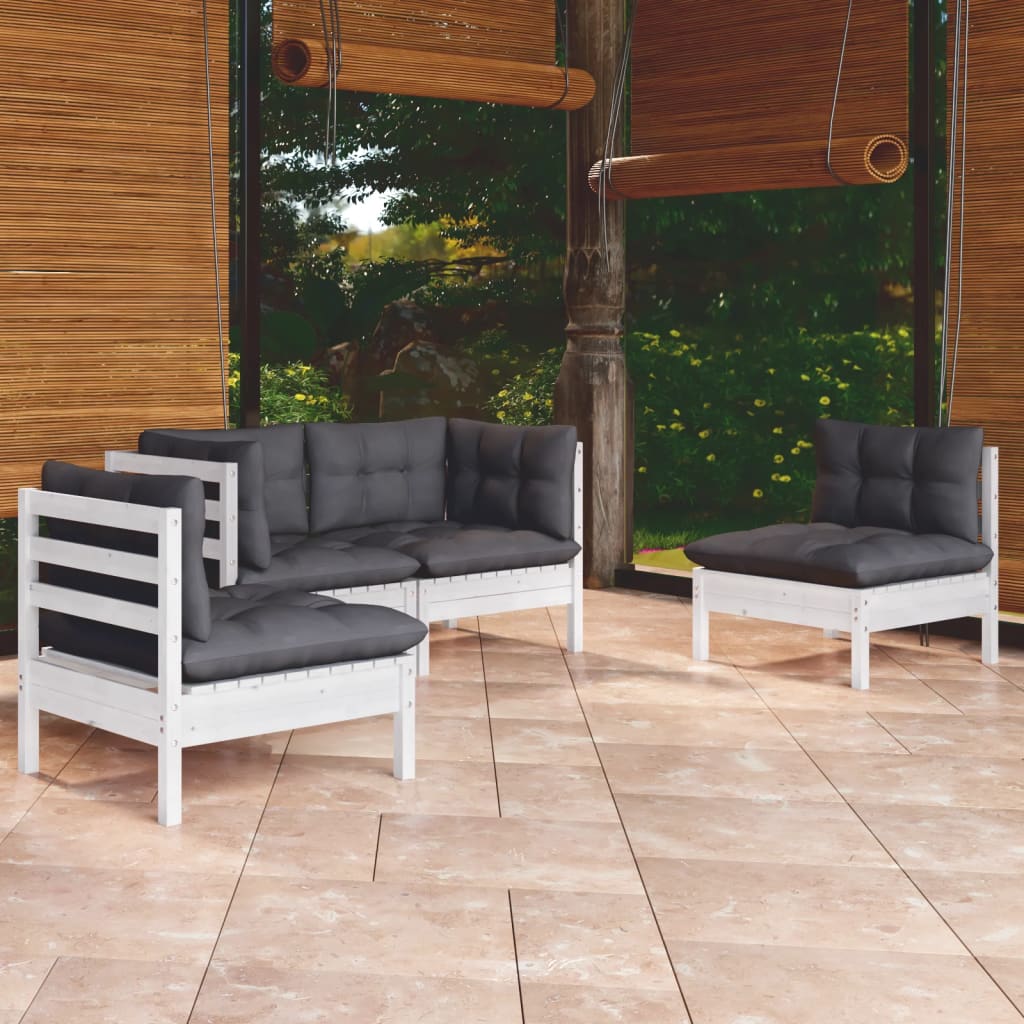 4 Pcs conjunto lounge de jardim c/ almofadões pinho maciço