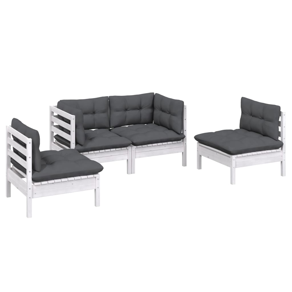 4 Pcs conjunto lounge de jardim c/ almofadões pinho maciço