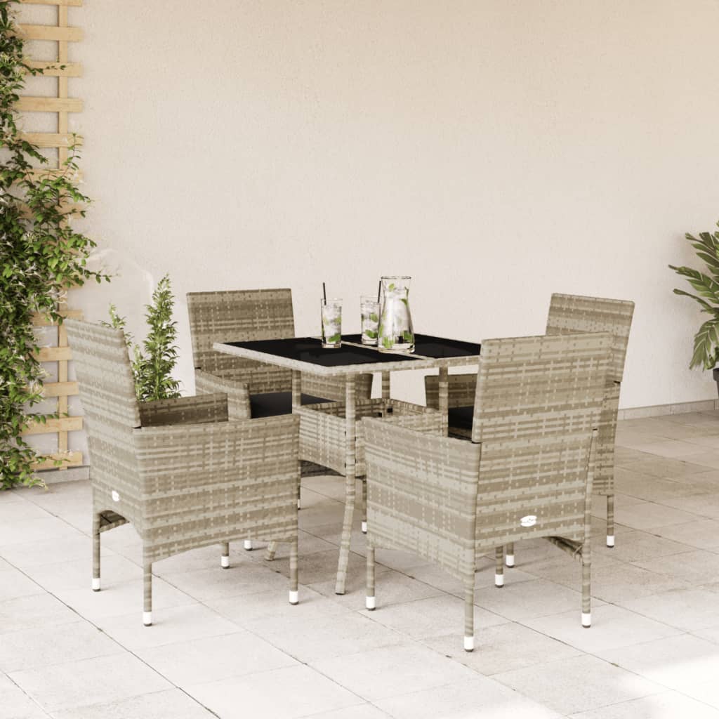 5 Pcs conjunto jantar jardim c/ almofadões PE/vidro cinza claro