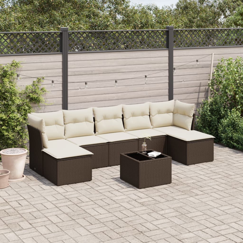 8 Pcs conjunto sofás de jardim c/ almofadões vime PE castanho