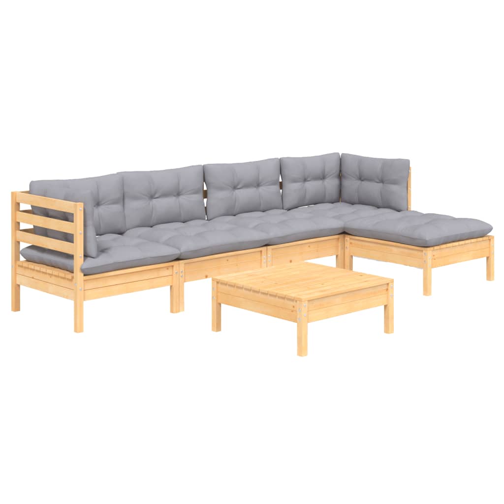 6 Pcs conjunto lounge de jardim c/ almofadões cinza pinho