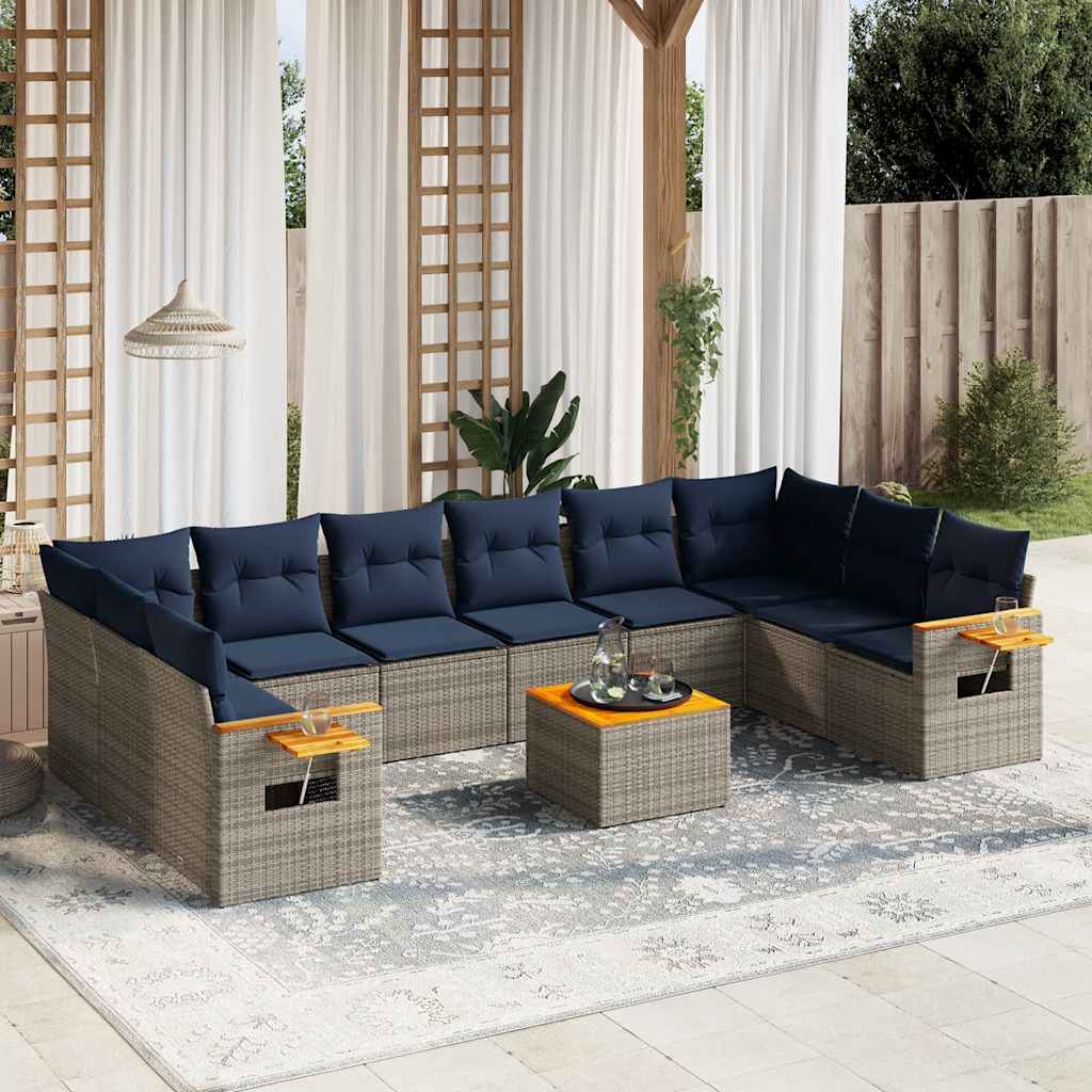 11 Pcs conjunto sofás de jardim c/ almofadões vime PE cinzento