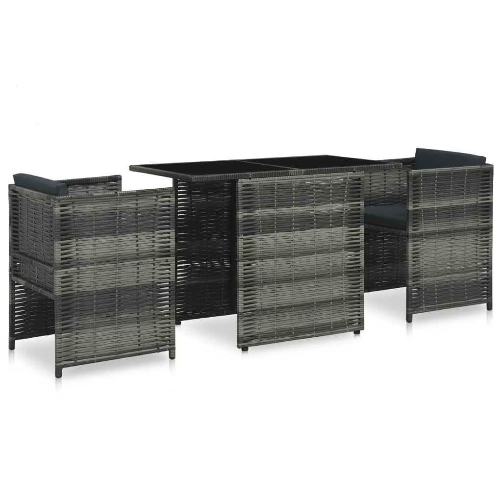 3 Pcs conjunto bistrô com almofadões vime PE cinzento