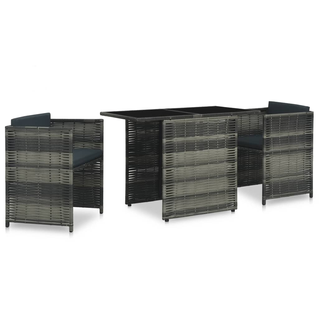 3 Pcs conjunto bistrô com almofadões vime PE cinzento