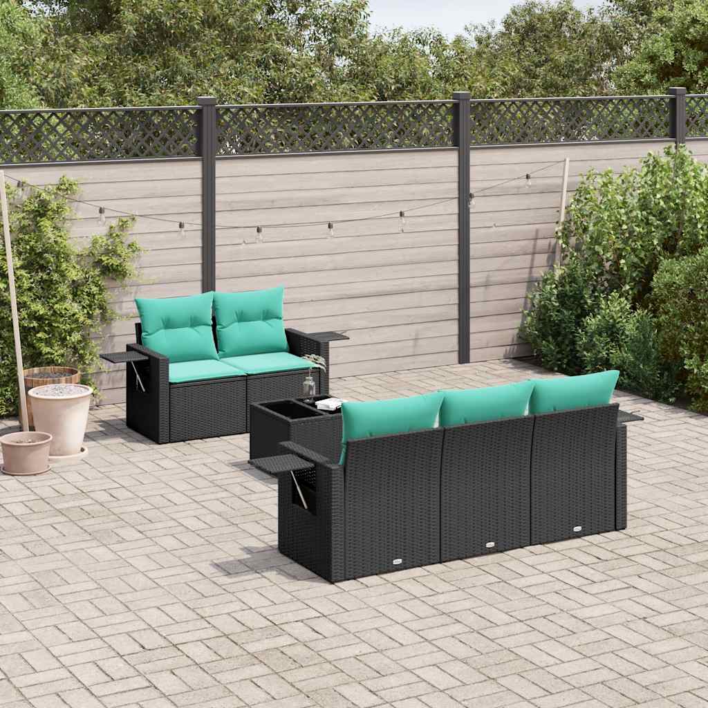 Conjunto de sofá de jardim com 6 peças e almofadas em rattan sintético preto