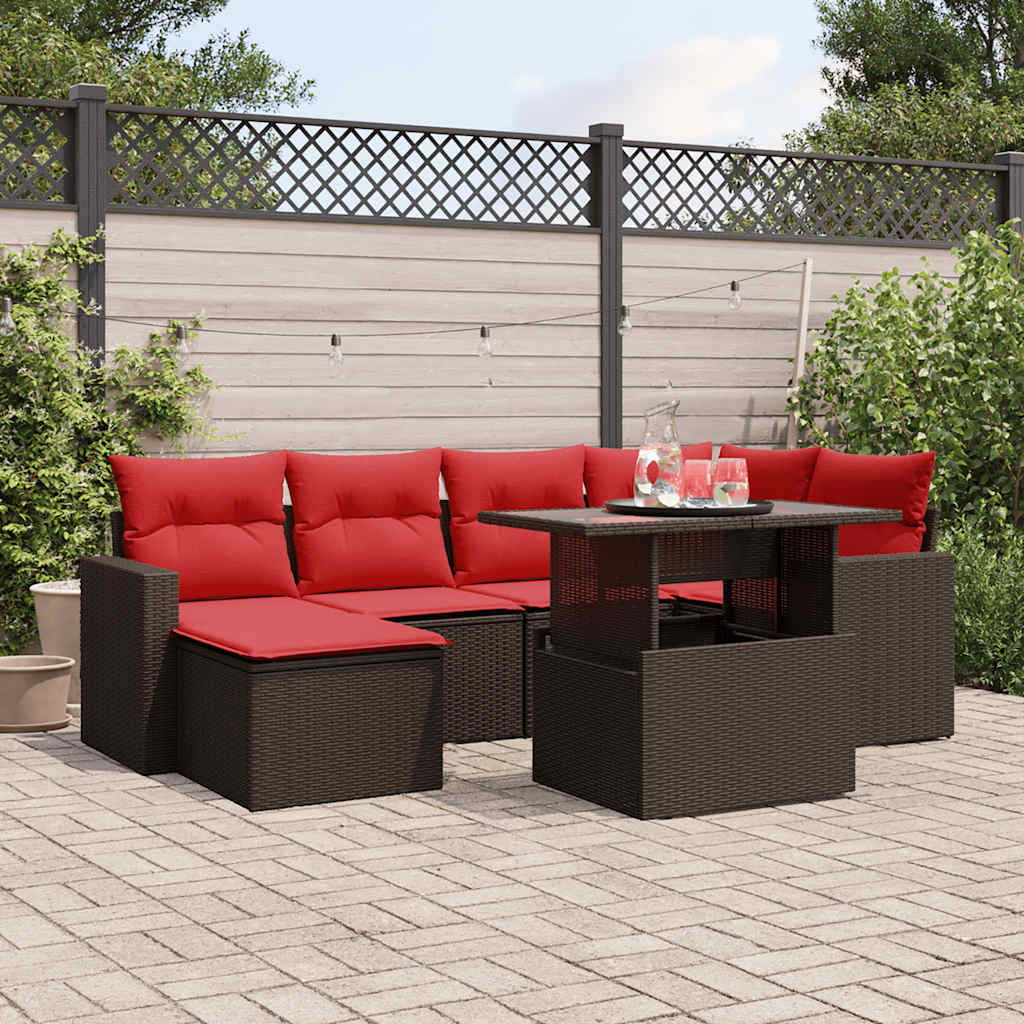 Conjunto de sofá de jardim com 7 peças e almofadas em rattan sintético marrom