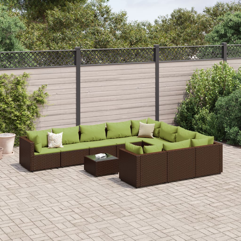 11 Pcs conjunto sofás de jardim c/ almofadões vime PE castanho