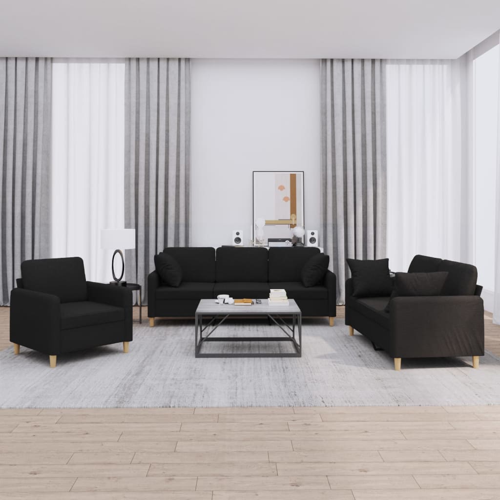 3 Pcs conjunto de sofás com almofadas tecido preto