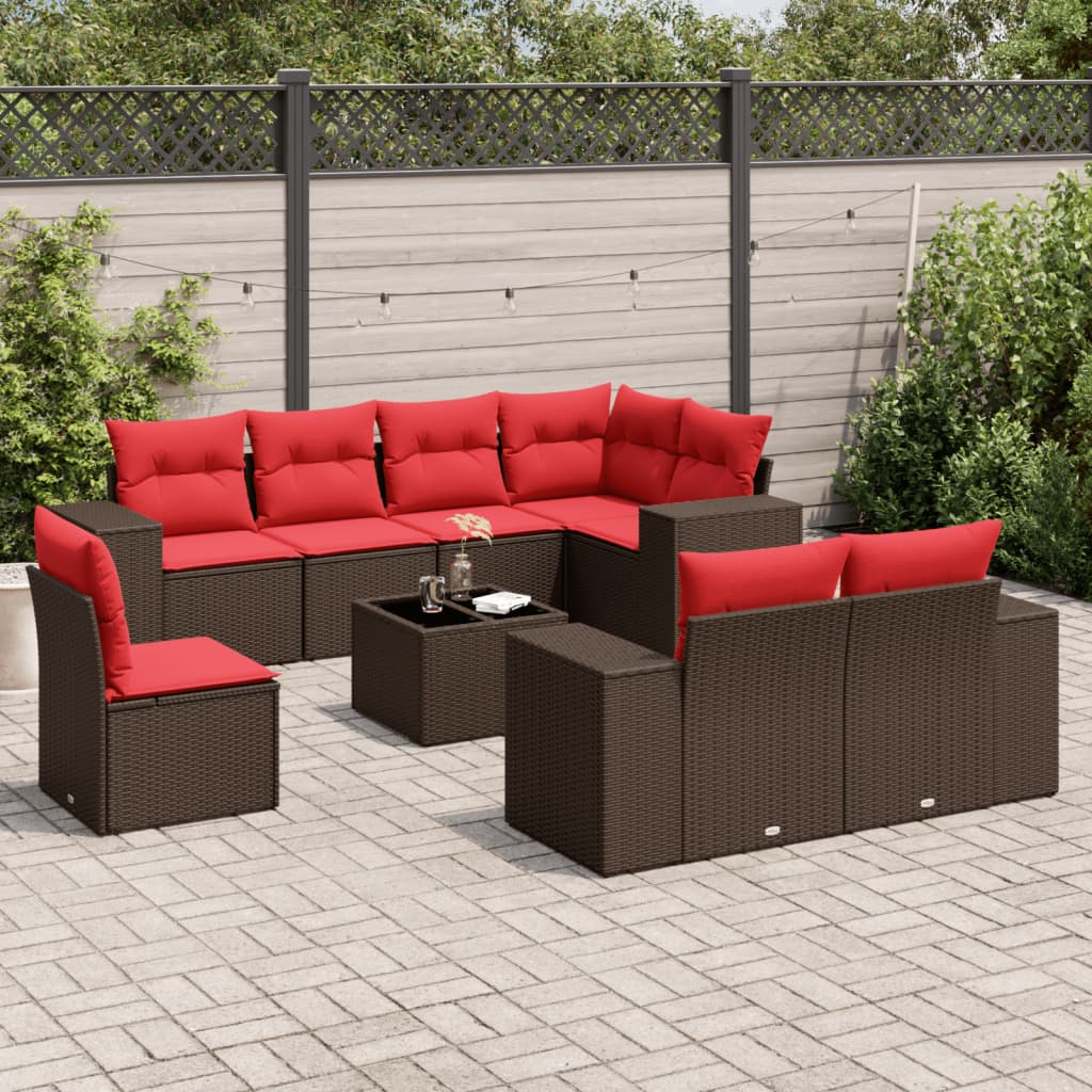 Conjunto de sofá de jardim com 9 peças e almofadas em rattan sintético marrom