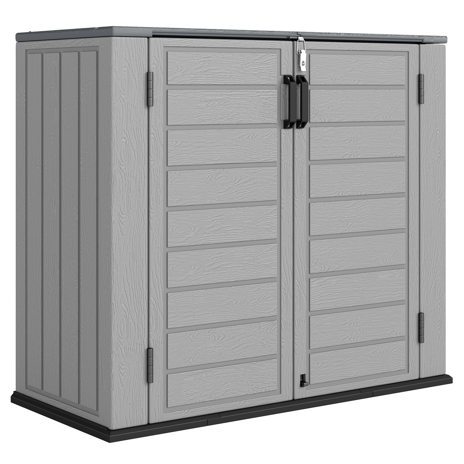 Abrigo de jardim exterior de HDPE 940l com tampa dobrável e 2 portas, fecho para armazenamento 142x67x119 cm cinzento claro