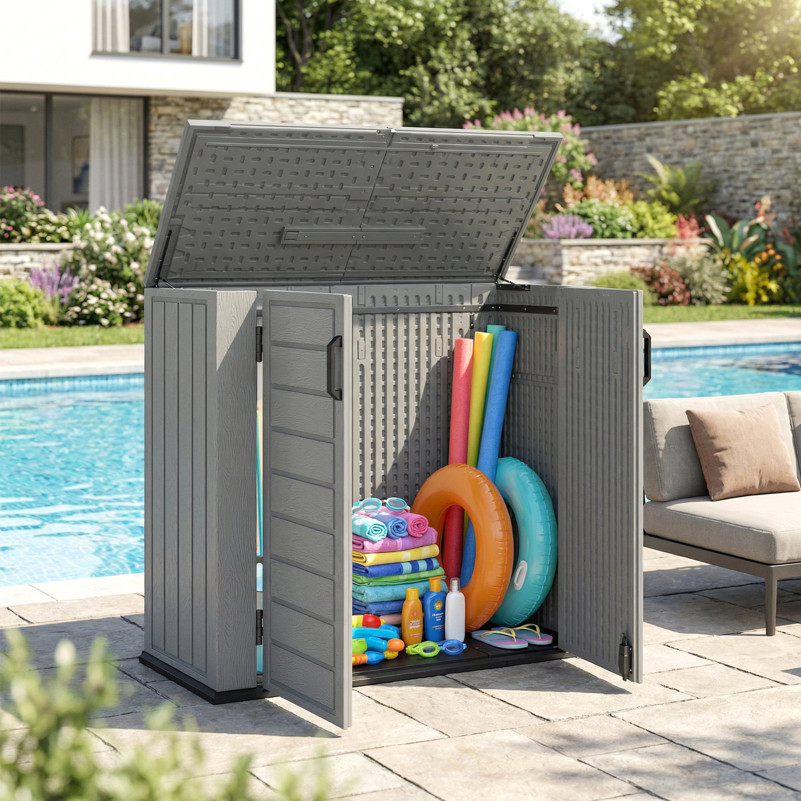Abrigo de jardim exterior de HDPE 940l com tampa dobrável e 2 portas, fecho para armazenamento 142x67x119 cm cinzento claro