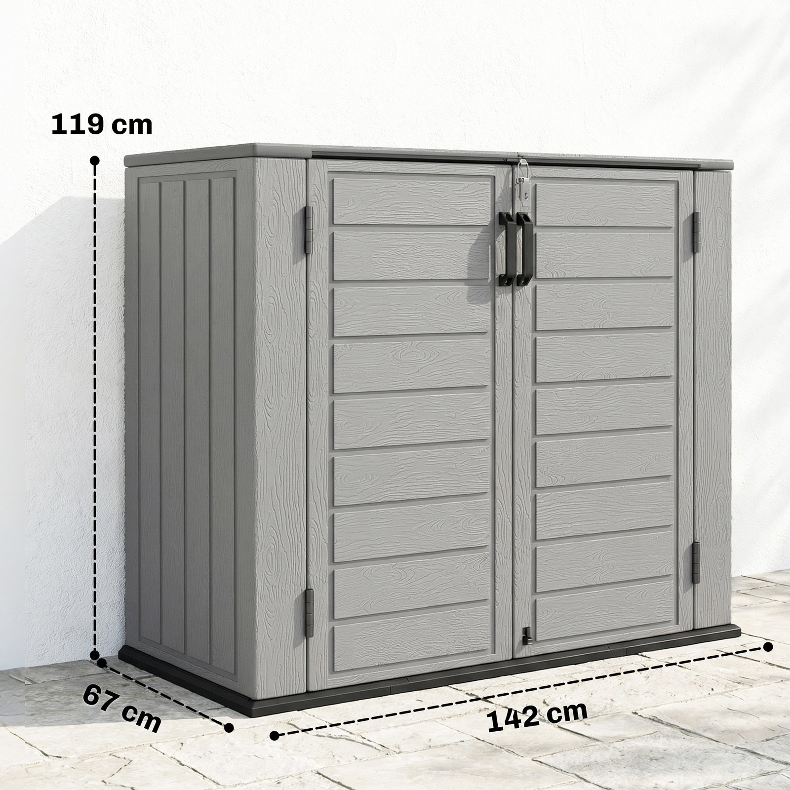 Abrigo de jardim exterior de HDPE 940l com tampa dobrável e 2 portas, fecho para armazenamento 142x67x119 cm cinzento claro