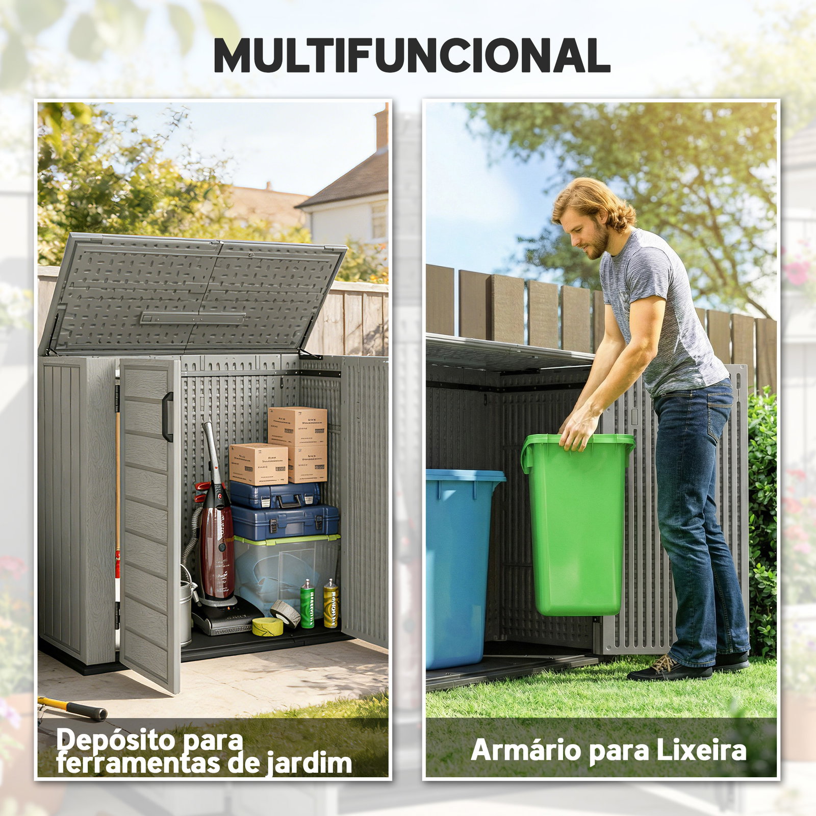 Abrigo de jardim exterior de HDPE 940l com tampa dobrável e 2 portas, fecho para armazenamento 142x67x119 cm cinzento claro