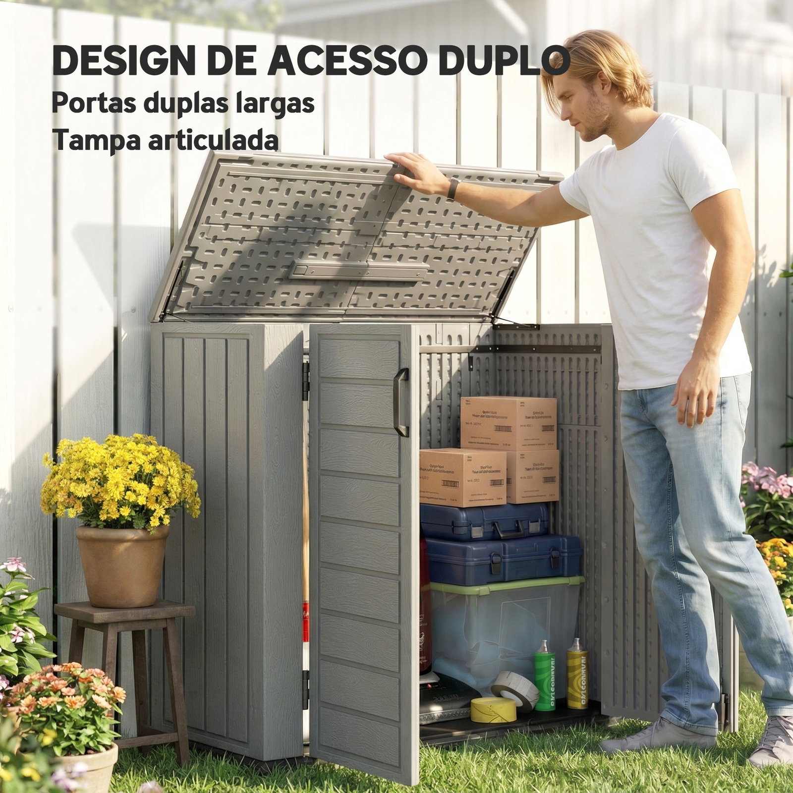 Abrigo de jardim exterior de HDPE 940l com tampa dobrável e 2 portas, fecho para armazenamento 142x67x119 cm cinzento claro