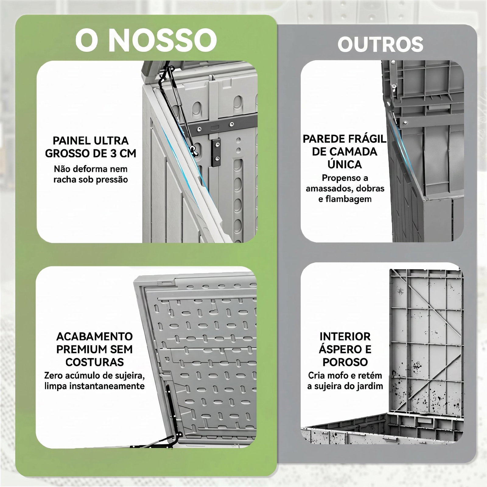 Abrigo de jardim exterior de HDPE 940l com tampa dobrável e 2 portas, fecho para armazenamento 142x67x119 cm cinzento claro