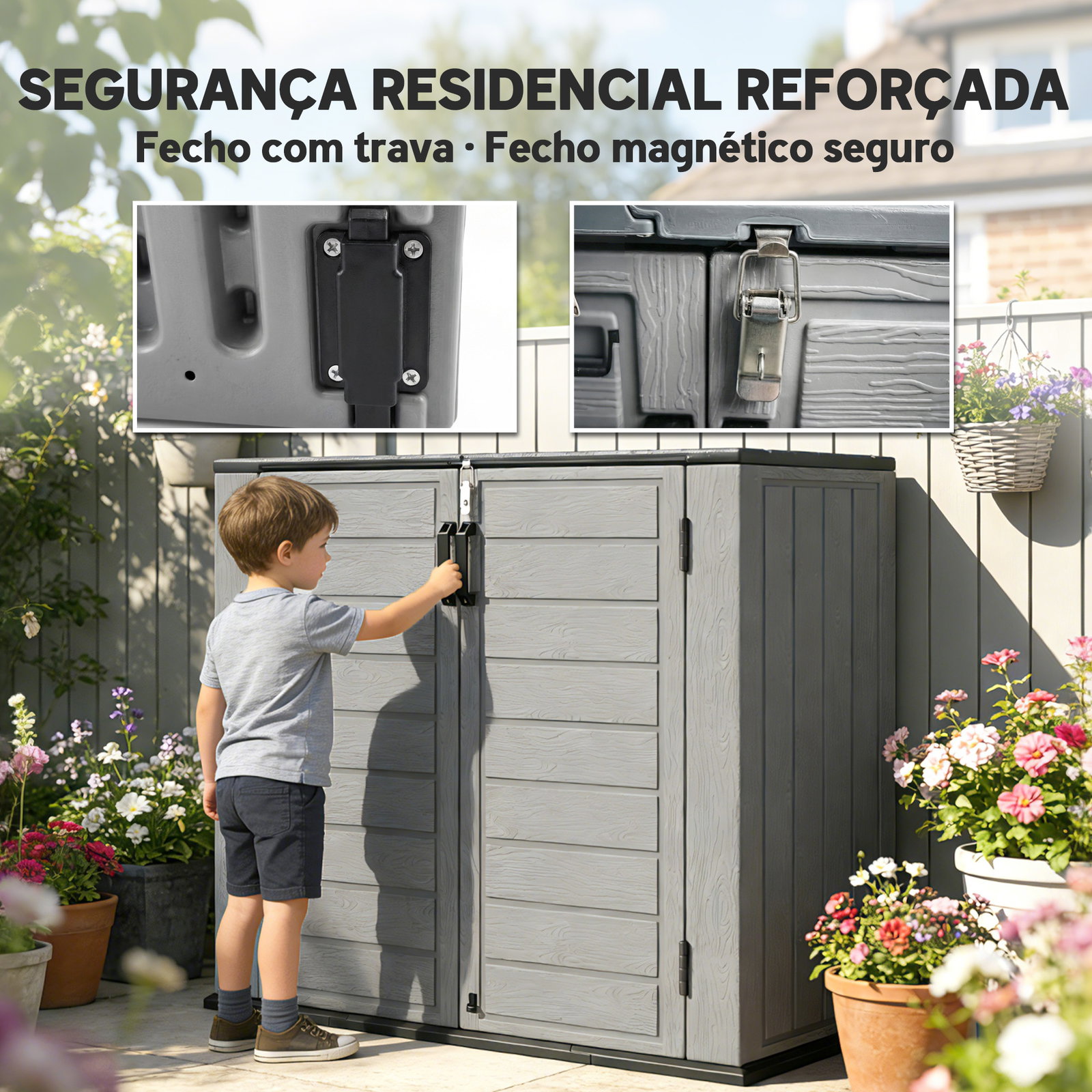 Abrigo de jardim exterior de HDPE 940l com tampa dobrável e 2 portas, fecho para armazenamento 142x67x119 cm cinzento claro