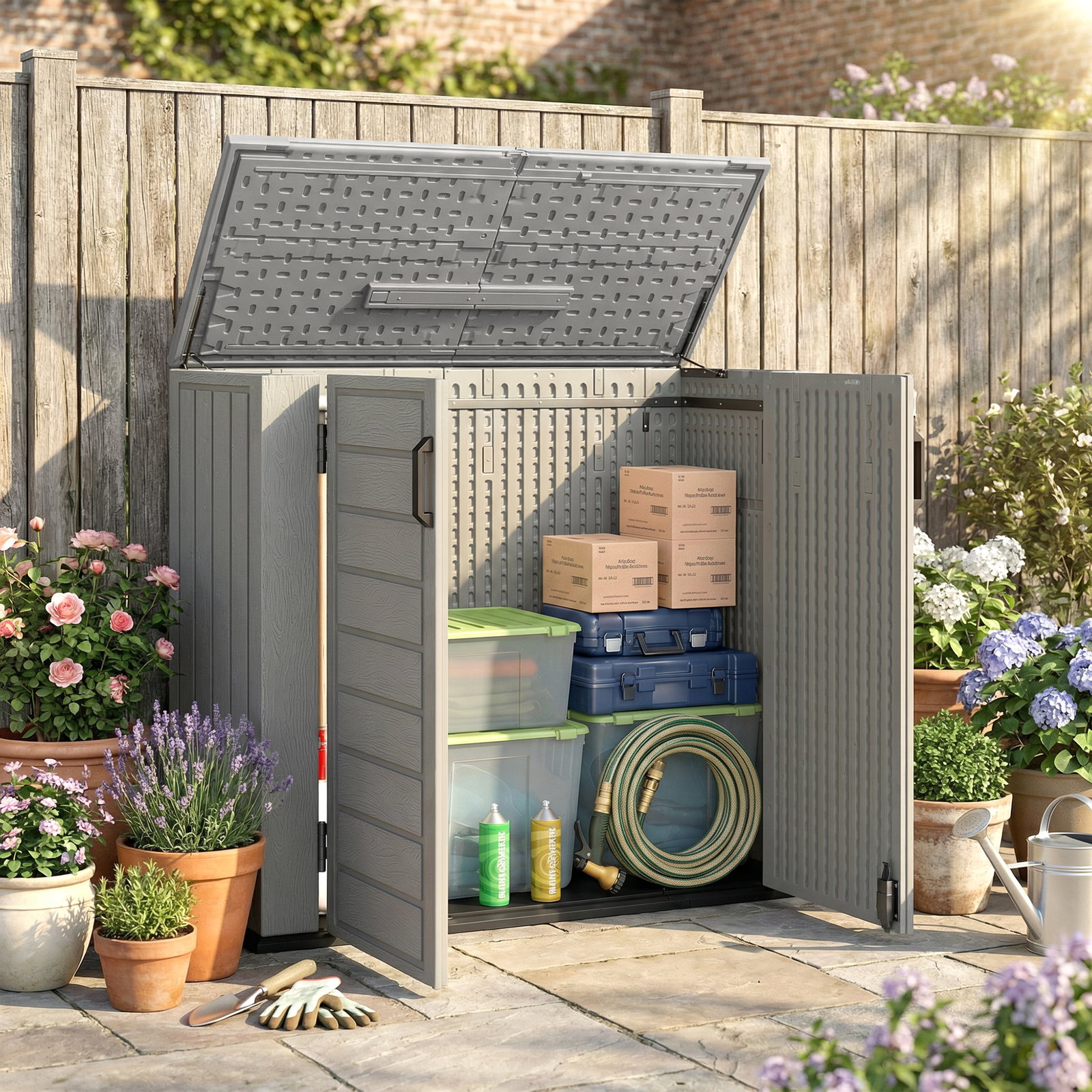 Abrigo de jardim exterior de HDPE 940l com tampa dobrável e 2 portas, fecho para armazenamento 142x67x119 cm cinzento claro