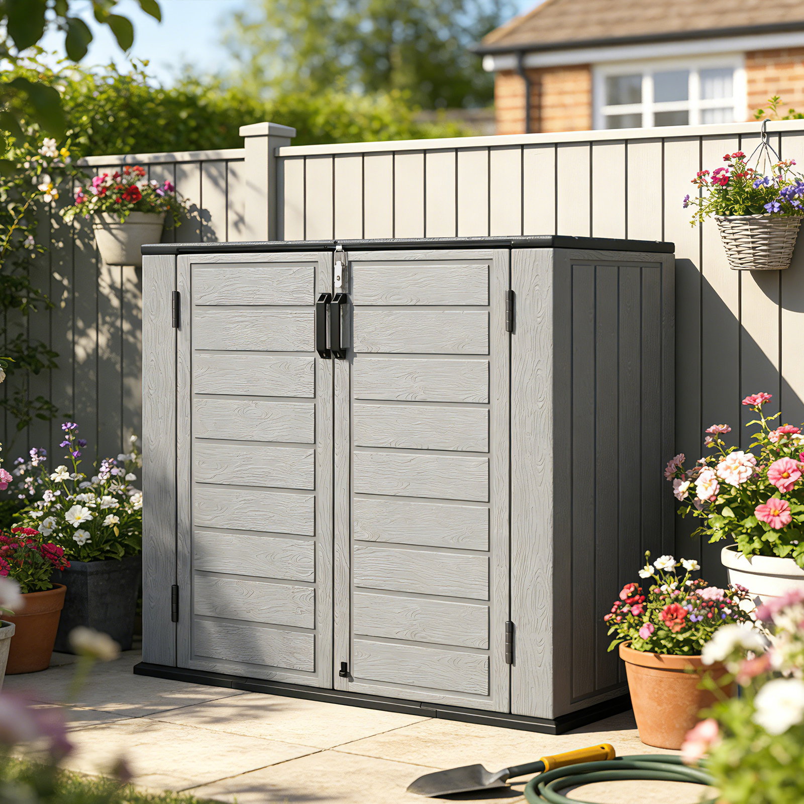Abrigo de jardim exterior de HDPE 940l com tampa dobrável e 2 portas, fecho para armazenamento 142x67x119 cm cinzento claro