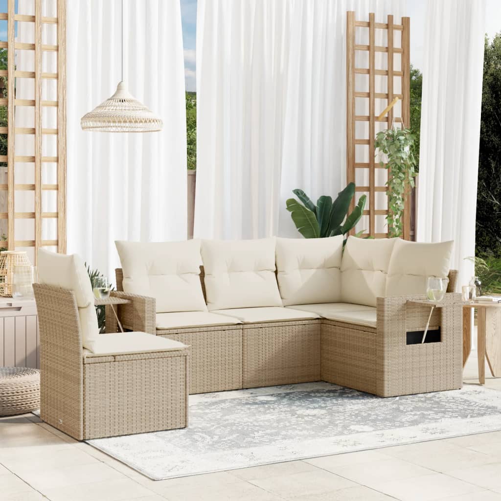 5 Pcs conjunto de sofás p/ jardim com almofadões vime PE bege