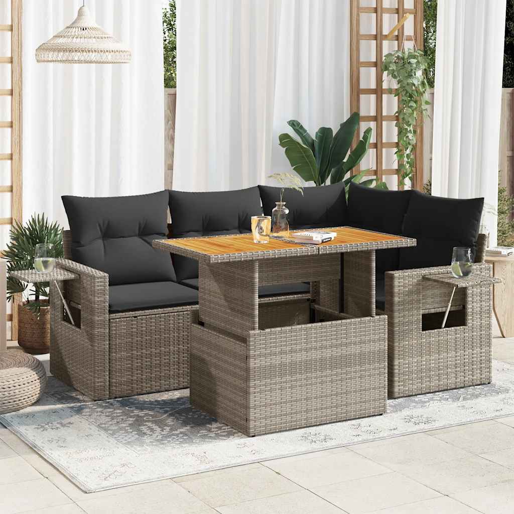 5 Pcs conjunto sofás de jardim c/ almofadões vime PE cinzento