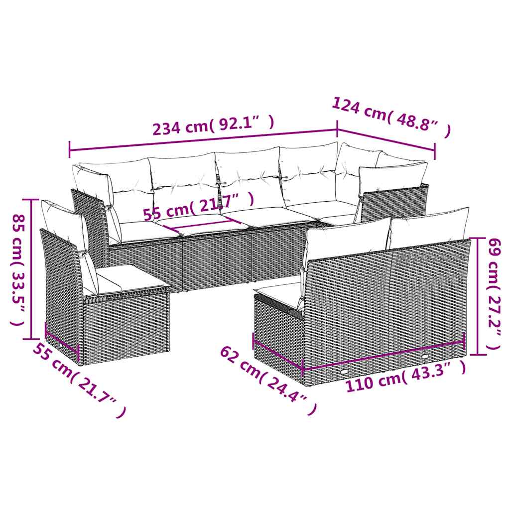 8 Pcs conjunto sofás de jardim com almofadões vime PE preto